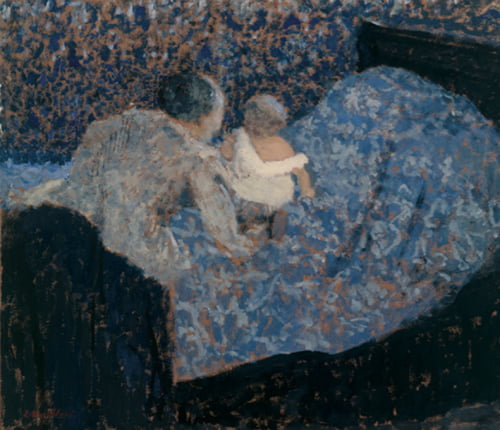 エドゥアール・ヴュイヤール-青いベッドにいる祖母と子ども