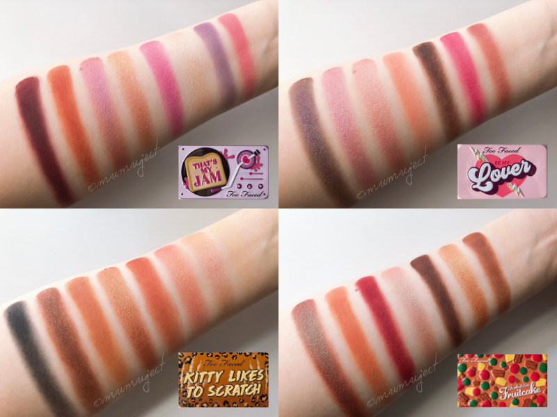 比較-スウォッチ-着画-感想-口コミ-レビュー-ブルベ-イエベ-限定-Too Faced-トゥーフェイスド-mini eyeshadow palette-ミニアイシャドウパレット-アイシャドウ-BE MY LOVER-THAT'S　MY JAM-KITTY LIKES TO SCRATCH-FORBIDDEN FRUITCAKE-SECRET SANTA-CHRISTMAS COFFEE